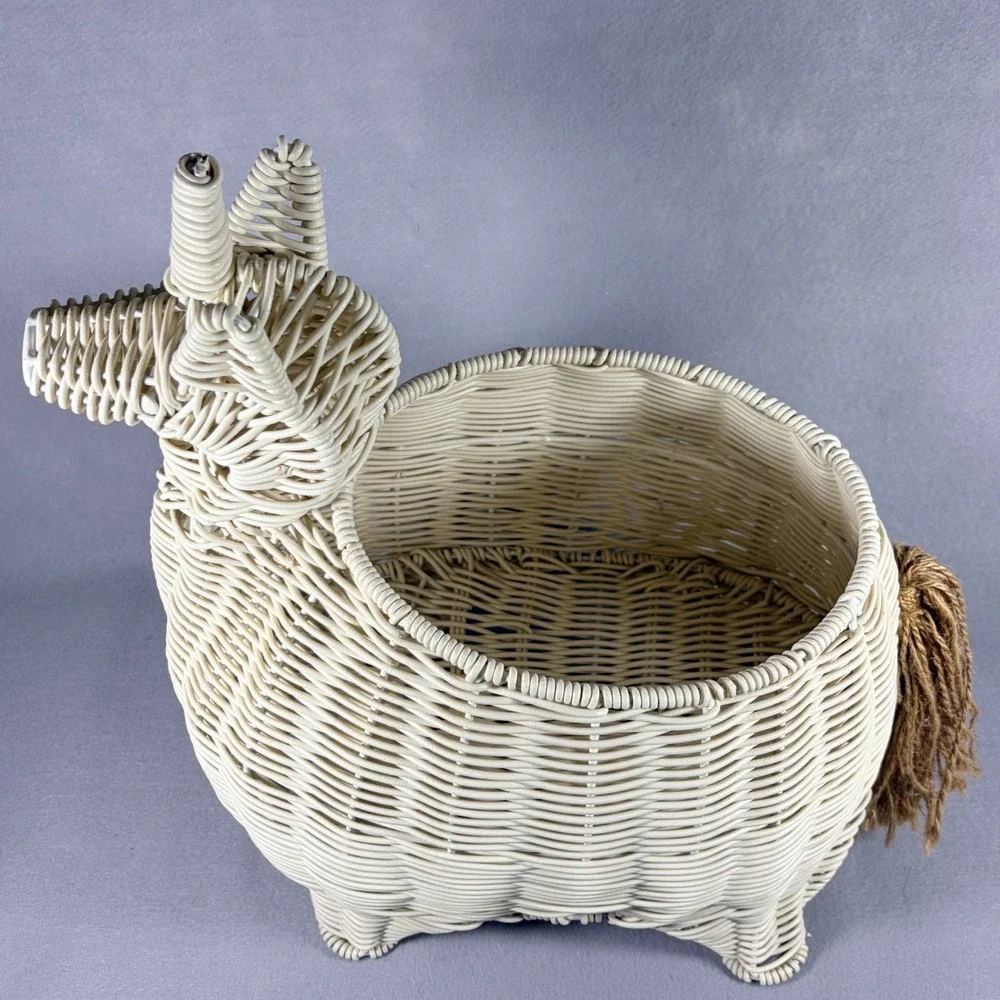 Whimsical Unicorn Storage Basket Display White Rattan Wicker Decor Boho Cottage